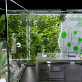 Transparent Exhibition Booth Interior With Green Plants Mannequin Table And Artificial Realm