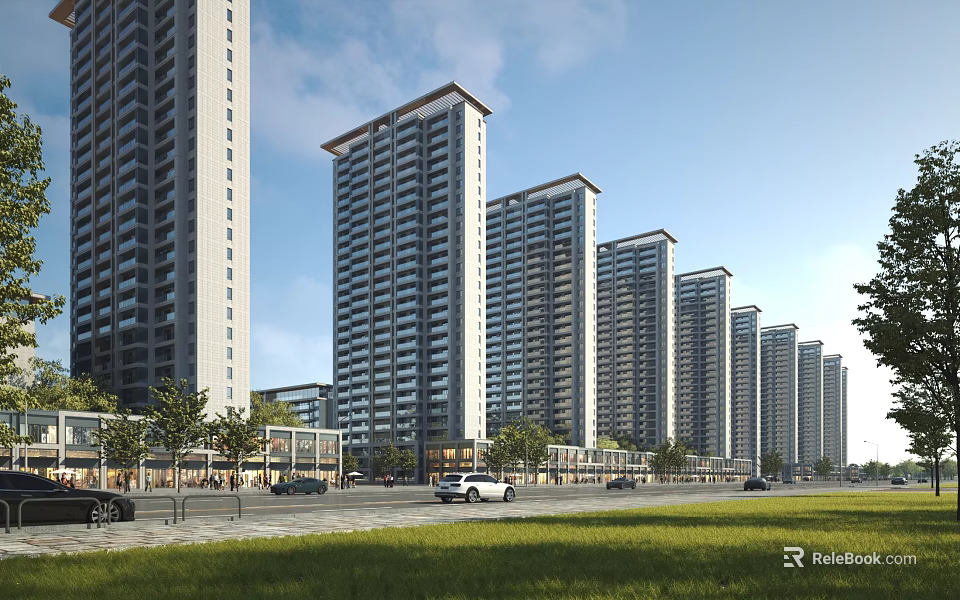 Modern Commercial Street With High Rise Buildings Vehicles Pedestrians And Green Landscaping 3d model 