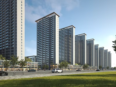 Modern Commercial Street With High Rise Buildings Vehicles Pedestrians And Green Landscaping 3d model