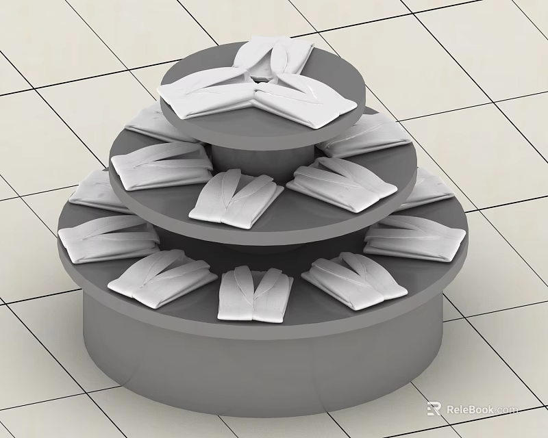Multi Tiered Circular Display Rack With Folded Clothes On Tiled Floor 3d model