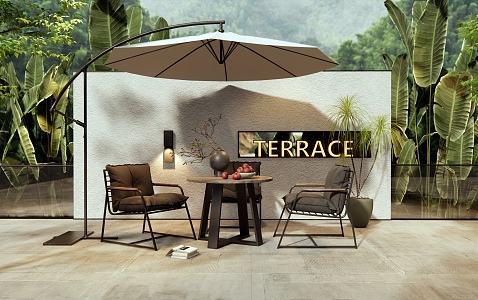 Outdoor Table and Chair Negotiation Table and Chair Vase Ornaments Plant Combination Sunshade Outdoor Chair 3d model