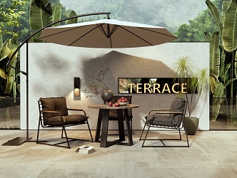 Outdoor Table and Chair Negotiation Table and Chair Vase Ornaments Plant Combination Sunshade Outdoor Chair 3d model