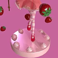 Strawberry Themed Girl Holding Magic Wand on Pink Background with Floating Strawberries and Decorative Base