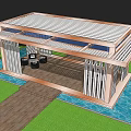 Modern Pergola Design With Striped Columns Wooden Platform And Lawn Area