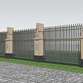 Building Facade With Metal Fence Decorative Pillars Greenery And Pedestrian Pathway