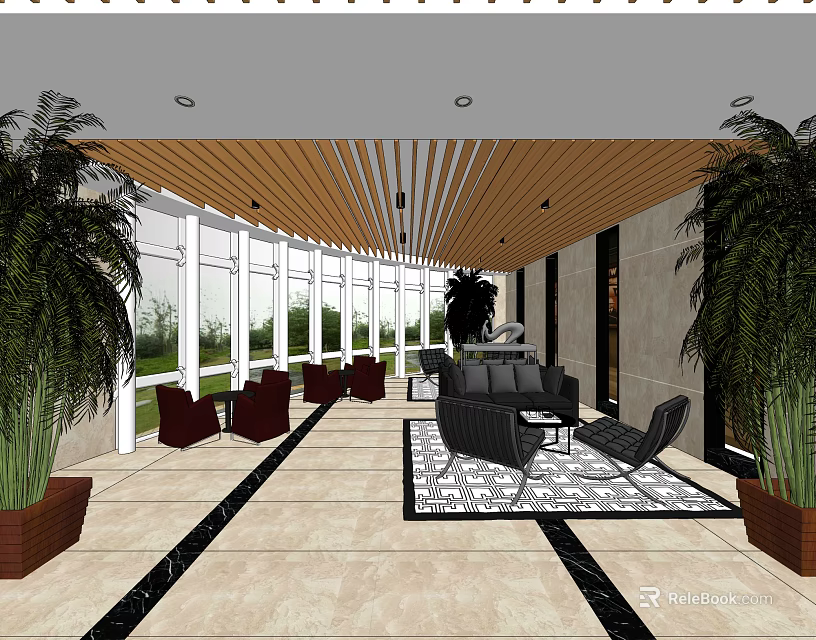 Modern Front Desk Reception Area with Large Windows Wooden Ceiling Green Plants and Lounge Furniture 3d model 
