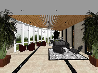 Modern Front Desk Reception Area with Large Windows Wooden Ceiling Green Plants and Lounge Furniture 3d model