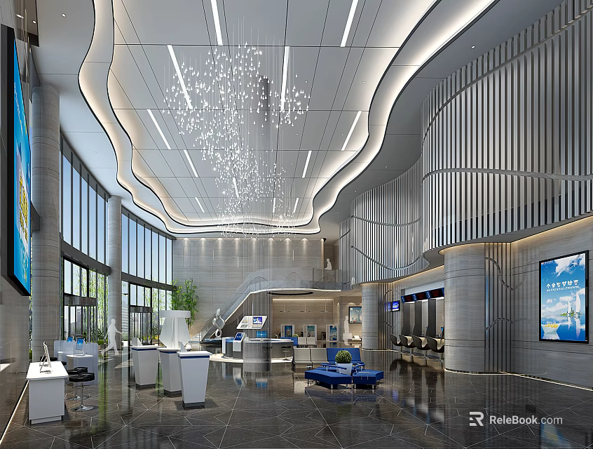 Modern Service Hall Interior With Curved Ceiling Lighting Service Counters Seating Areas And Polished Floors 3d model 