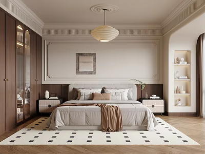Bedroom Interior With Paneled Walls Wooden Cabinets Geometric Rug Headboard And Ceiling Lamp 3d model