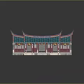 Cartoon Scene of Traditional Chinese Building With Blue Curved Roof Red Lanterns and Stone Steps
