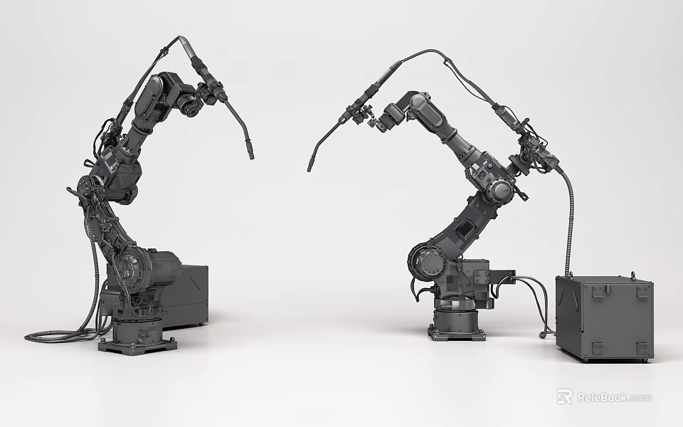 Intelligent Industrial Robotic Arms With Gray Body Cables And Stable Base On White Background 3d model 