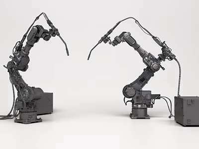 Intelligent Industrial Robotic Arms With Gray Body Cables And Stable Base On White Background 3d model