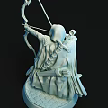 Intricate Archer Carving with Flowing Cloak Holding Bow Arrow in Dynamic Pose