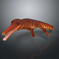 3D Rendered Crocodile Model with Red Orange Skin Open Mouth Sharp Teeth Dark Background Reflection