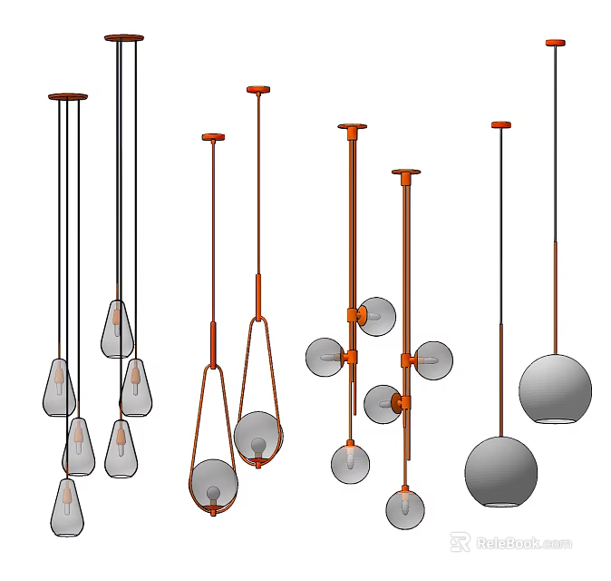 Modern Pendant Lights Featuring Spherical Teardrop Designs And Orange Gray Metal Structures 3d model