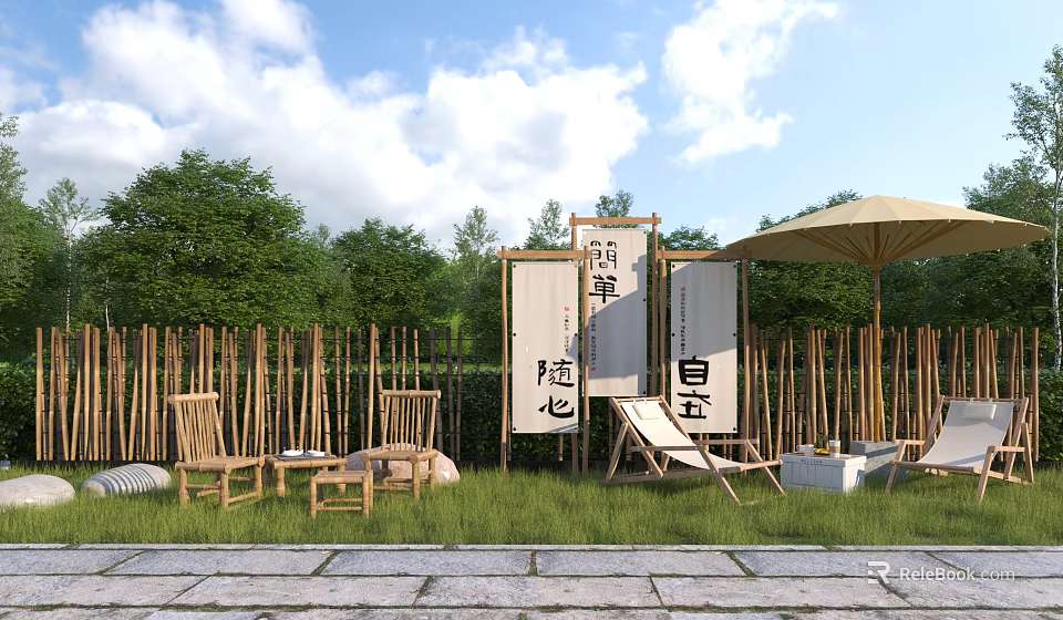 Wooden Outdoor Table With Bamboo Fence Umbrella Chairs Decorative Banners And Grass Area 3d model 