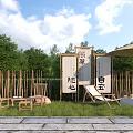 Wooden Outdoor Table With Bamboo Fence Umbrella Chairs Decorative Banners And Grass Area