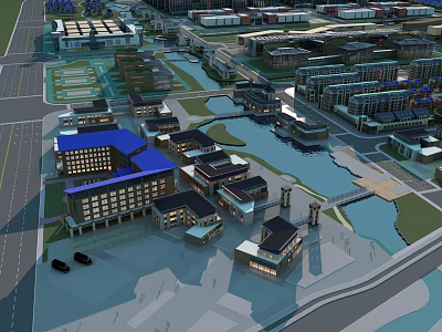Aerial View Urban Planning With Buildings Waterfront Roads Bridges And Green Spaces 3d model
