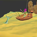 Old Man Fishing In Orange Boat With Blue Fish And Orange Smoke On Yellow Ground