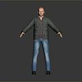 3D Human Character Bald Head Green Jacket Striped Shirt Blue Jeans Black Shoes Gray Background
