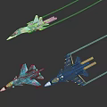 Three Light Blue and Gray Fighter Jets Flying with Trails Against Dark Background