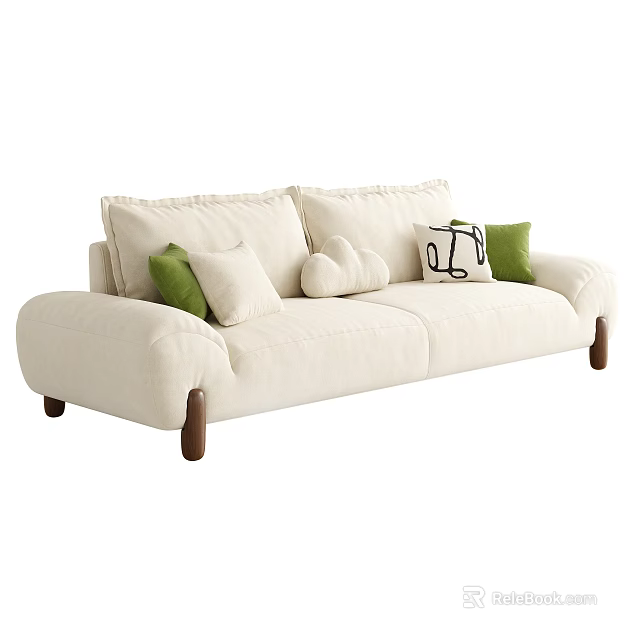 Beige Two Seater Sofa With Green Cushions Round Pillows And Wooden Legs 3d model 