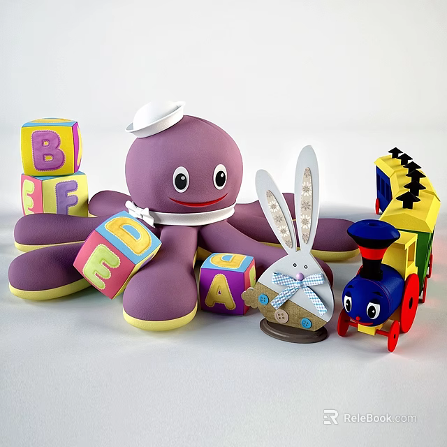 Cute Purple Octopus Rabbit Stuffed Dolls With Alphabet Blocks And Toy Train 3d model 