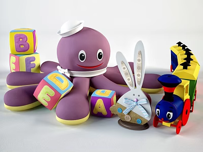 Cute Purple Octopus Rabbit Stuffed Dolls With Alphabet Blocks And Toy Train 3d model