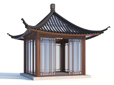 Traditional Chinese Wooden Pavilion With Black Tiled Roof Overhanging Eaves Glass Windows And Stone Base 3d model