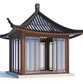 Traditional Chinese Wooden Pavilion With Black Tiled Roof Overhanging Eaves Glass Windows And Stone Base