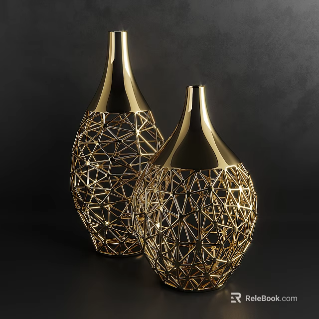 Golden Geometric Cutout Decorative Ornament Set Featuring Two Vases For Home Decor 3d model 