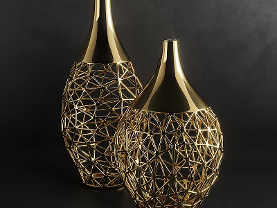 Golden Geometric Cutout Decorative Ornament Set Featuring Two Vases For Home Decor 3d model