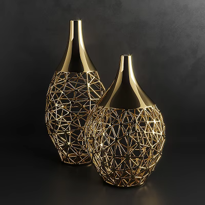 Golden Geometric Cutout Decorative Ornament Set Featuring Two Vases For Home Decor 3d model