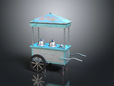 Vintage Blue Food Cart With Canopy And Silver Containers On Wheels 3d model
