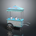 Vintage Blue Food Cart With Canopy And Silver Containers On Wheels