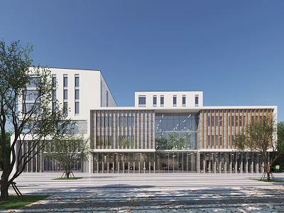 Modern Office Building Exterior Design With Glass Curtain Walls Green Trees And Spacious Courtyard 3d model