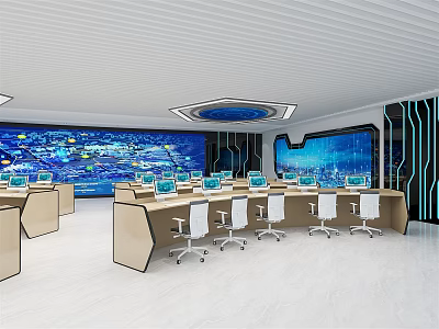 Modern Monitoring Room Interior With Multiple Large Screens Control Desks Computers And Office Chairs 3d model