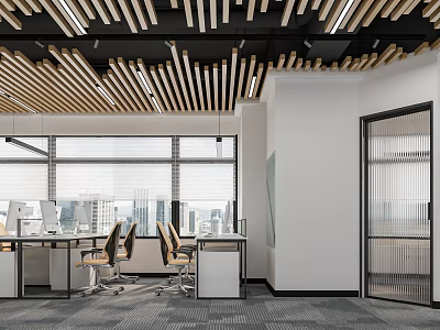 Modern Open Office Space With Workstations Large Windows And Glass Door 3d model