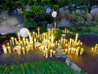 Outdoor Lights Illuminating Natural Garden With Grass Stones Stream Trees And Moonlit Night 3d model