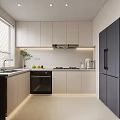 Modern Kitchen Interior Design With White Cabinets Black Appliances Window And Potted Plant