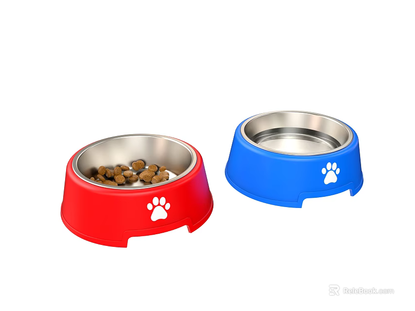Red and Blue Pet Feeding Bowls With Stainless Steel Interior And Paw Print Design 3d model 