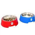 Red and Blue Pet Feeding Bowls With Stainless Steel Interior And Paw Print Design