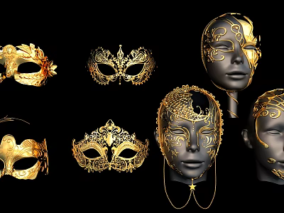 Elegant Gold And Black Ornate Mask Jewelry Accessories With Filigree Design 3d model