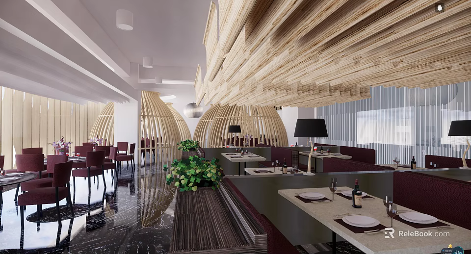 Modern Restaurant Interior Design Featuring Wooden Arched Structures Dining Tables Chairs And Green Plants 3d model 