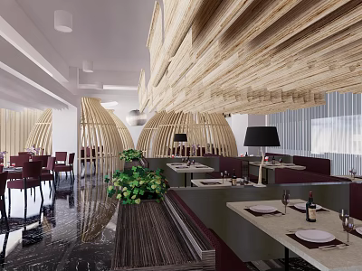 Modern Restaurant Interior Design Featuring Wooden Arched Structures Dining Tables Chairs And Green Plants 3d model
