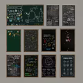 Diverse Hand Drawn Chalkboard Art in Wooden Frames on Wall