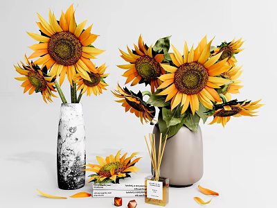 Bright Sunflowers Bouquet in Decorative Vases with Scattered Petals Aromatherapy Sticks and Books 3d model