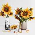 Bright Sunflowers Bouquet in Decorative Vases with Scattered Petals Aromatherapy Sticks and Books