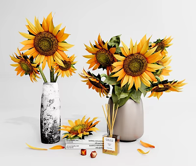 Bright Sunflowers Bouquet in Decorative Vases with Scattered Petals Aromatherapy Sticks and Books 3d model