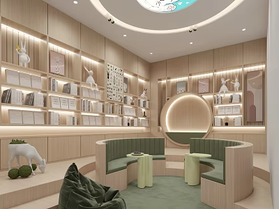Book Art Interior With Wooden Bookshelves Decorative Paintings Sculptures Circular Design And Cozy Seating 3d model